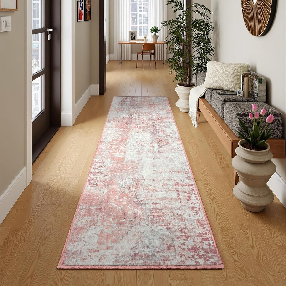 Pink Washable Runner Rug for Bedroom, Abstract Non-Slip Soft Entryway Rugs, Modern Low Pile Stain Resistant 2x6 Carpet for Entryway, Kitchen, Hallway, Bedside
