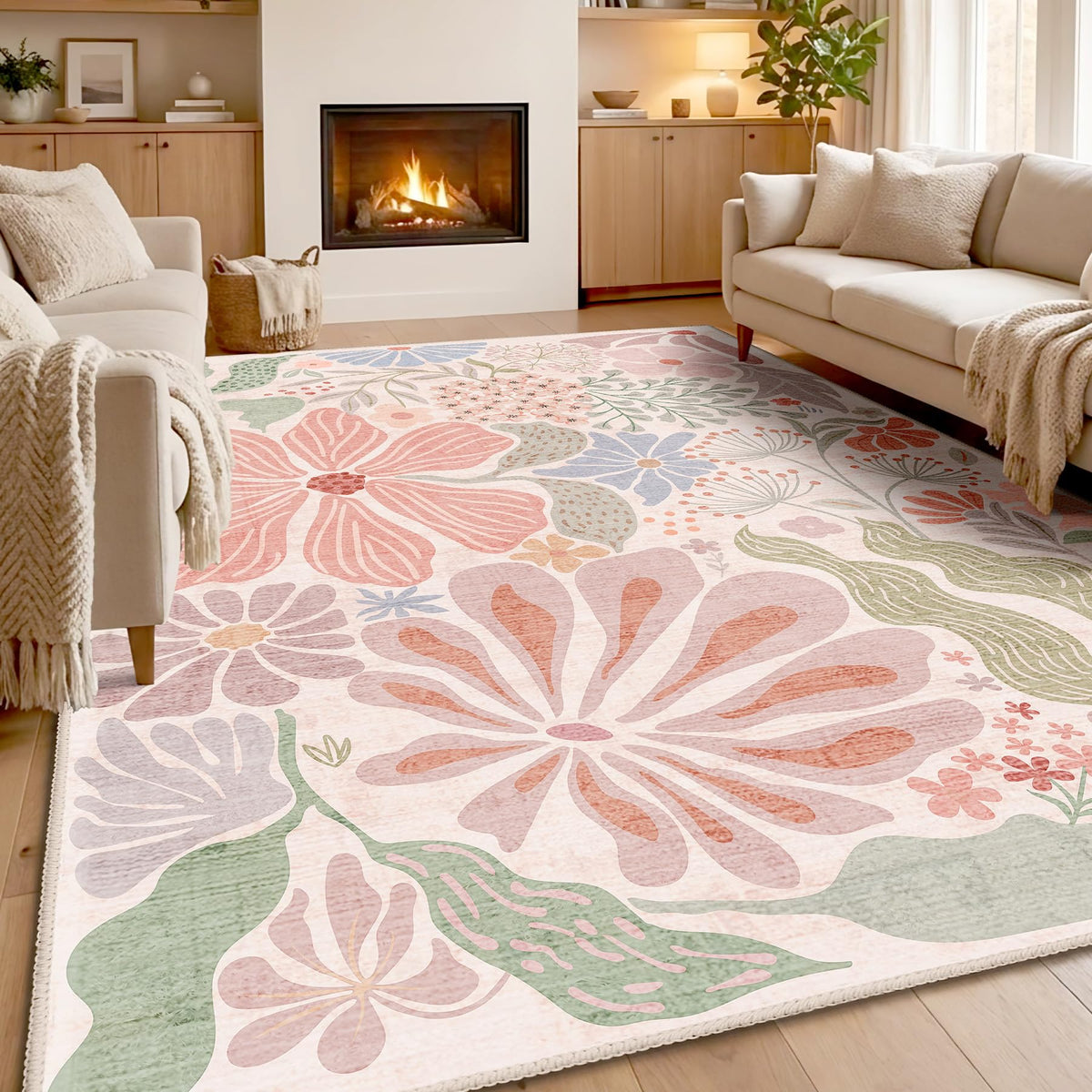 MUJOO Pink Washable 2x6 Runner Rugs Floral Area Rugs Non Slip Low-Pile