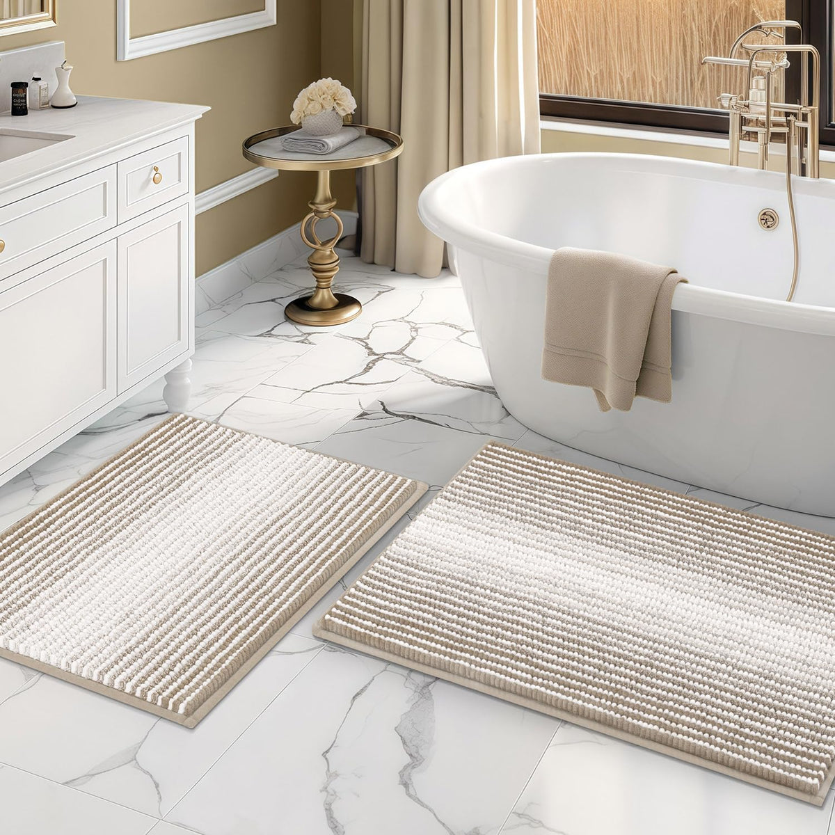 BSICPRO Bathroom Rugs Sets 2 Piece, Non Slip Striped Bath Mats, Sage