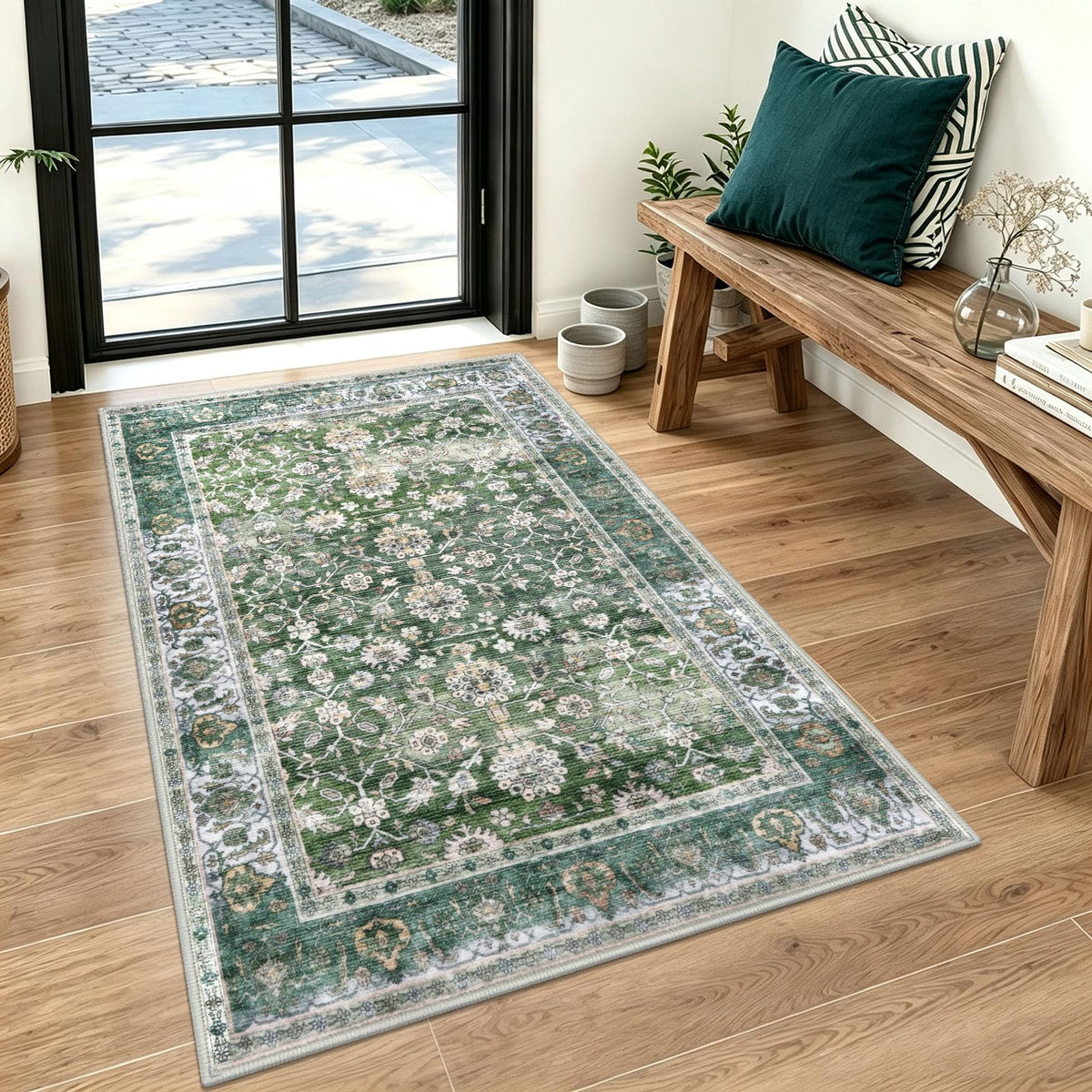 KUTA Vintage Floral Washable 2x3 Rugs for Entryway Blue Grey Beige