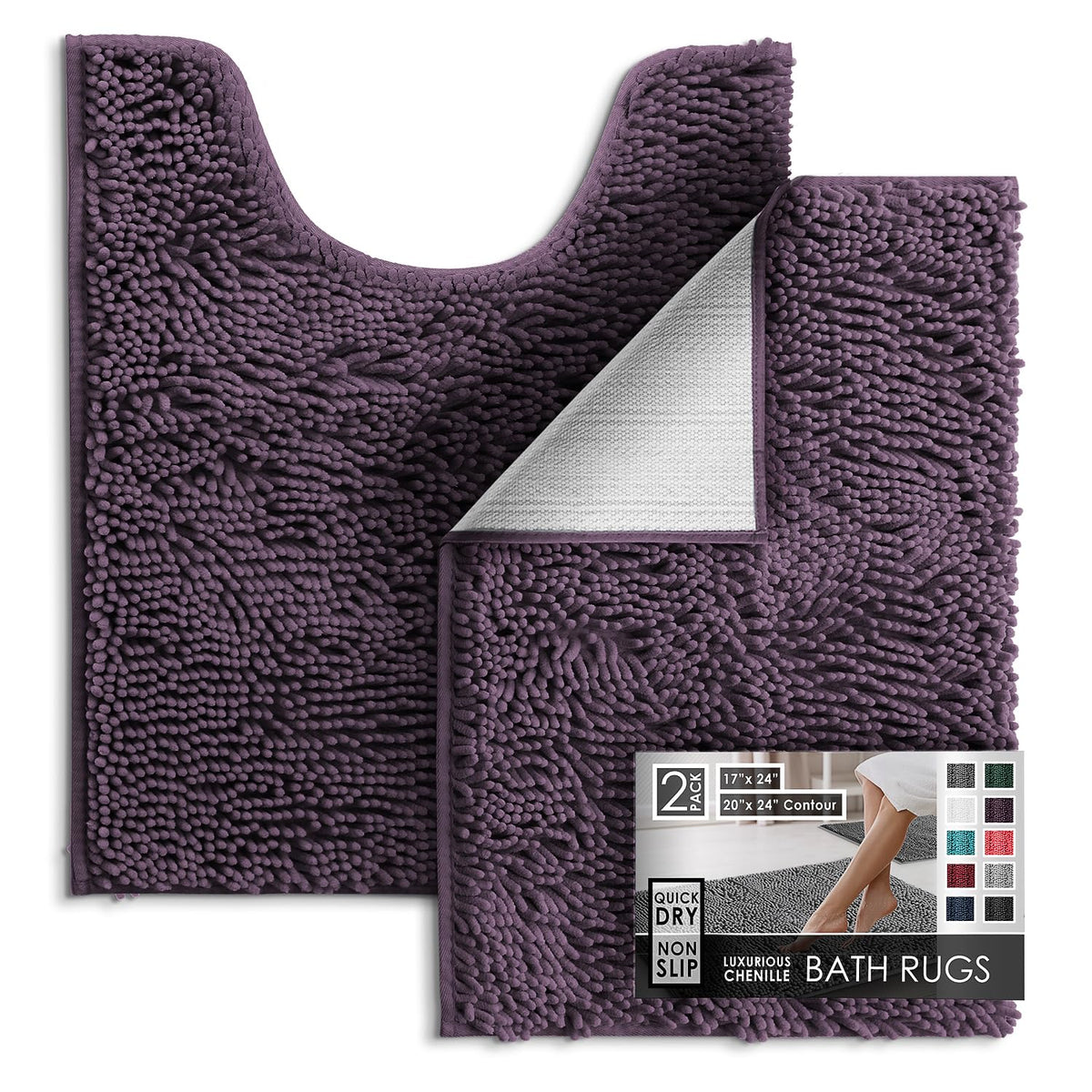Hearth & Harbor Bathroom Rugs, Chenille Bath Mat - Machine Washable Bath Mats for Bathroom Non-Slip Backing Rubber, Quick Dry Bathroom Mat, 17 x 24 + 20 x 32 - Hunter Green