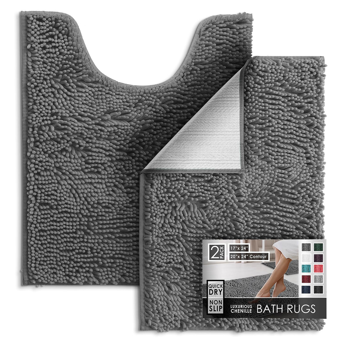 Hearth & Harbor Bathroom Rugs, Chenille Bath Mat - Machine Washable Bath Mats for Bathroom Non-Slip Backing Rubber, Quick Dry Bathroom Mat, 17 x 24 + 20 x 32 - Hunter Green