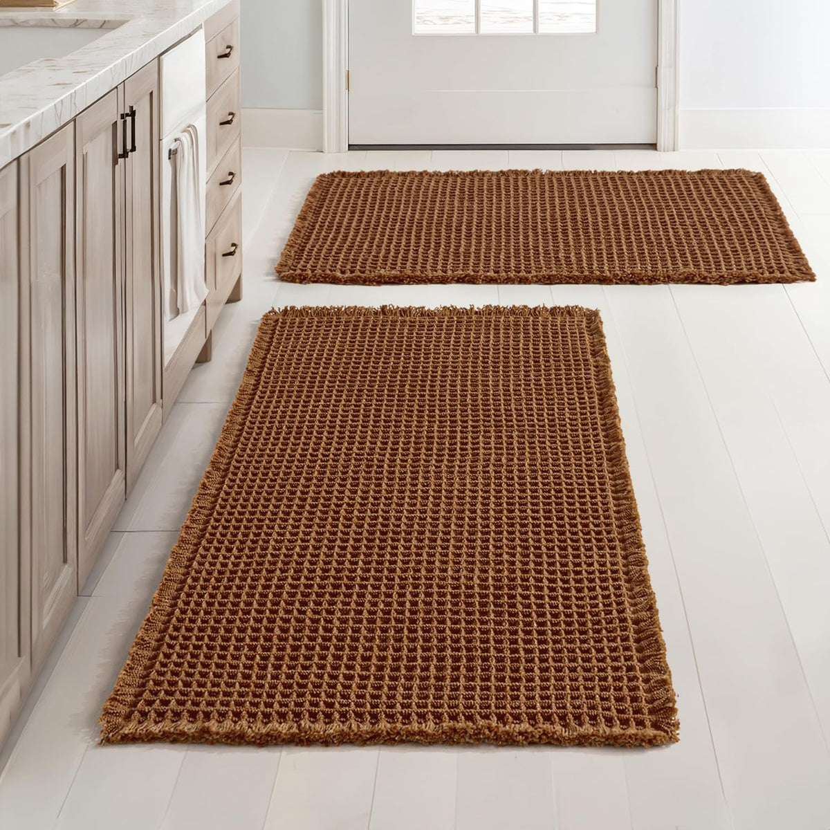 MIULEE Set of 2 Waffle Bathroom Rugs Boho Bath Mat Brown 18x30 Inch