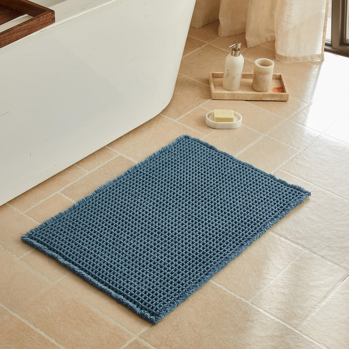 Triohero Waffle Bath Mat, Small Boho Bathroom Rugs Non Slip, 16x24 Khaki