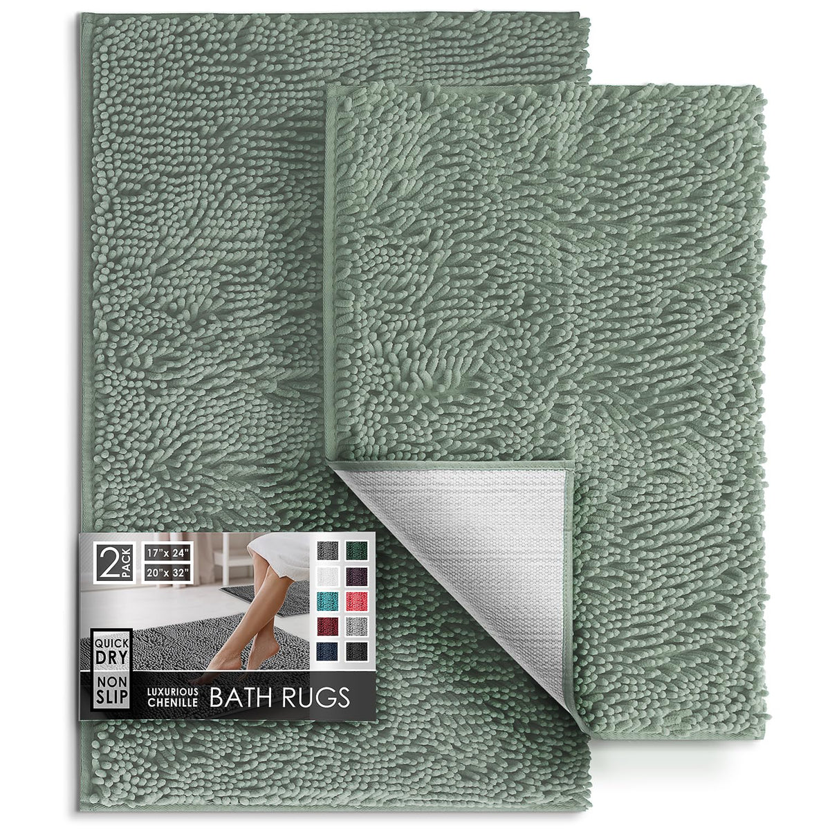 Hearth & Harbor Bathroom Rugs, Chenille Bath Mat - Machine Washable Bath Mats for Bathroom Non-Slip Backing Rubber, Quick Dry Bathroom Mat, 17 x 24 + 20 x 32 - Hunter Green