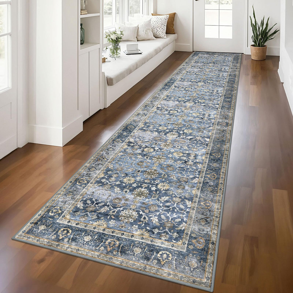 KUTA Vintage Floral Washable 2x3 Rugs for Entryway Blue Grey Beige