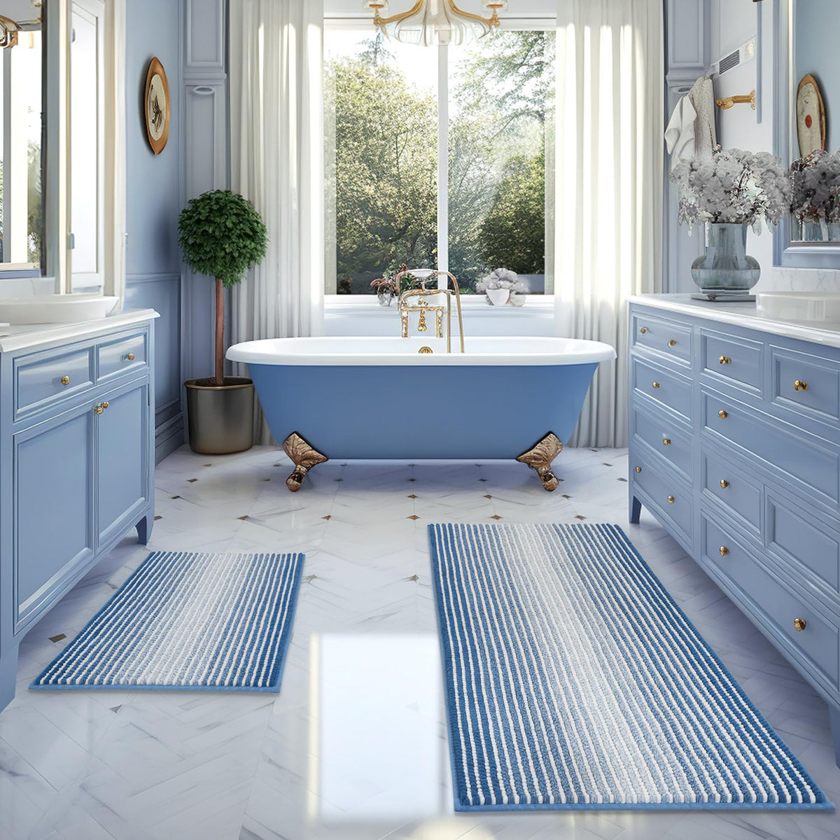 BSICPRO Bathroom Rugs Sets 2 Piece, Non Slip Striped Bath Mats, Sage
