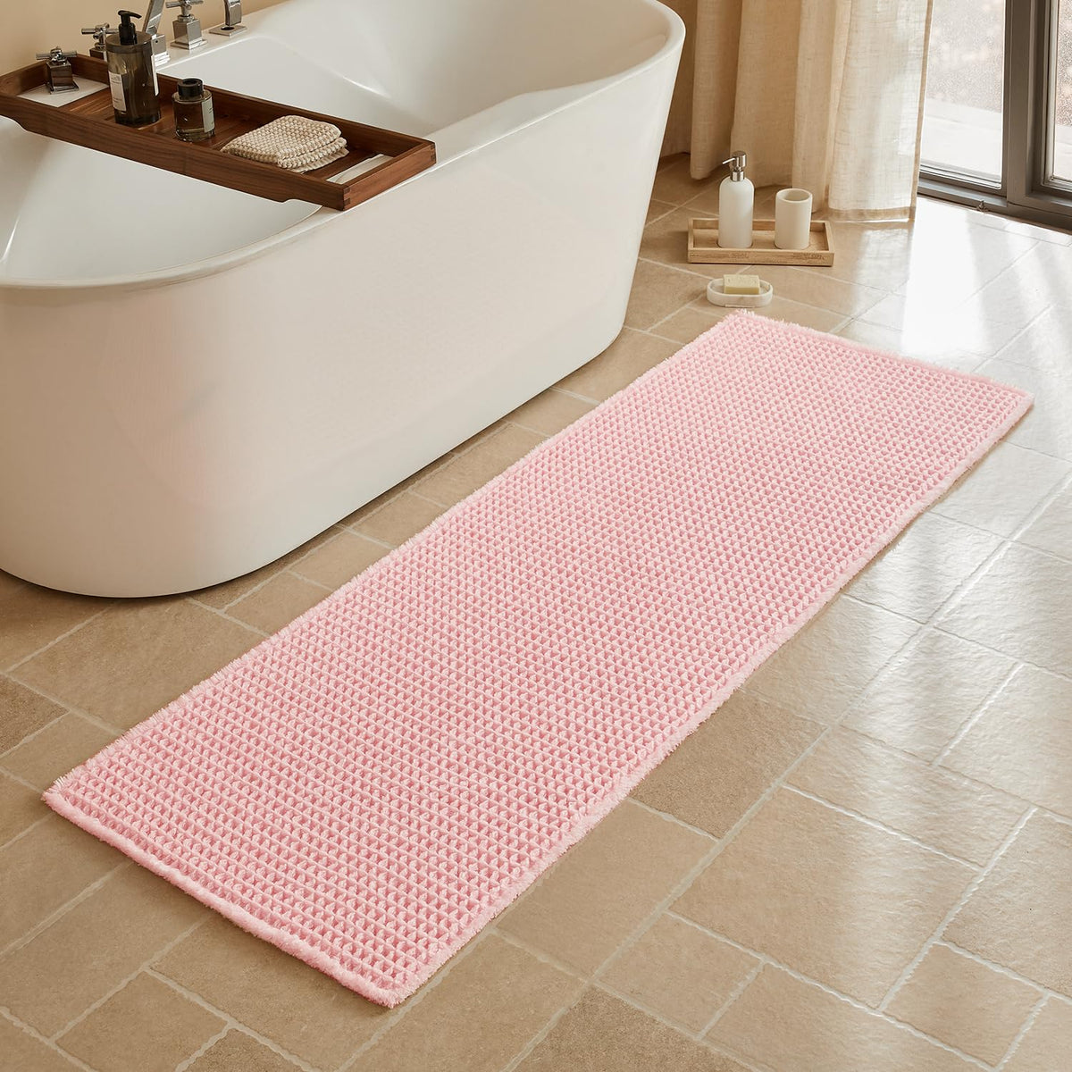 Triohero Waffle Bath Mat, Small Boho Bathroom Rugs Non Slip, 16x24 Khaki