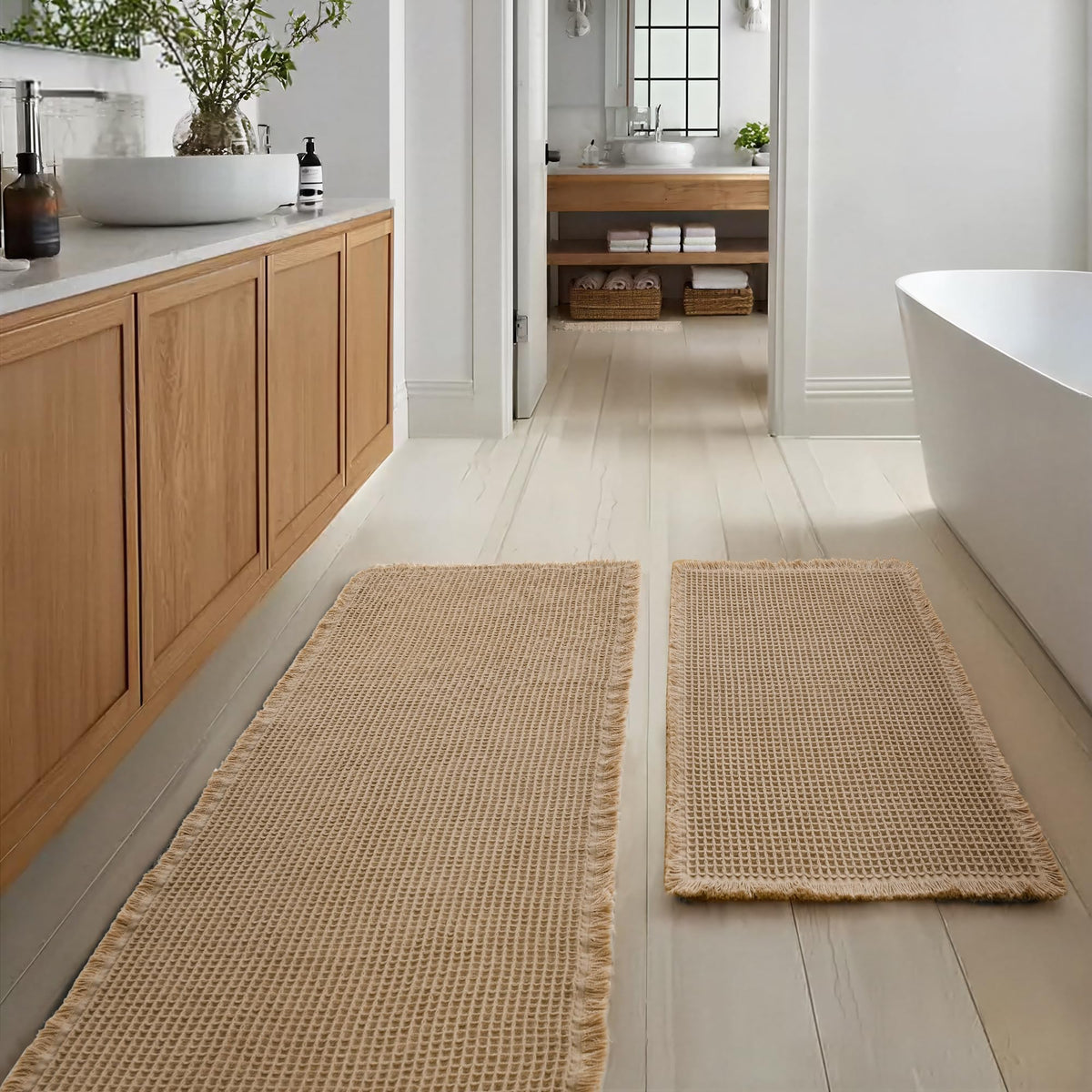 JIUZHEN Set of 2 Waffle Bath Mats Boho Bath Rugs 16"x24"+20"x32", Brown