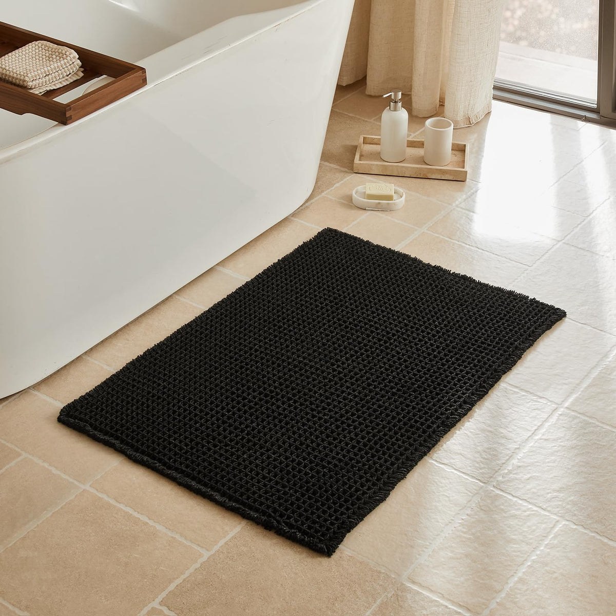 Triohero Waffle Bath Mat, Small Boho Bathroom Rugs Non Slip, 16x24 Khaki