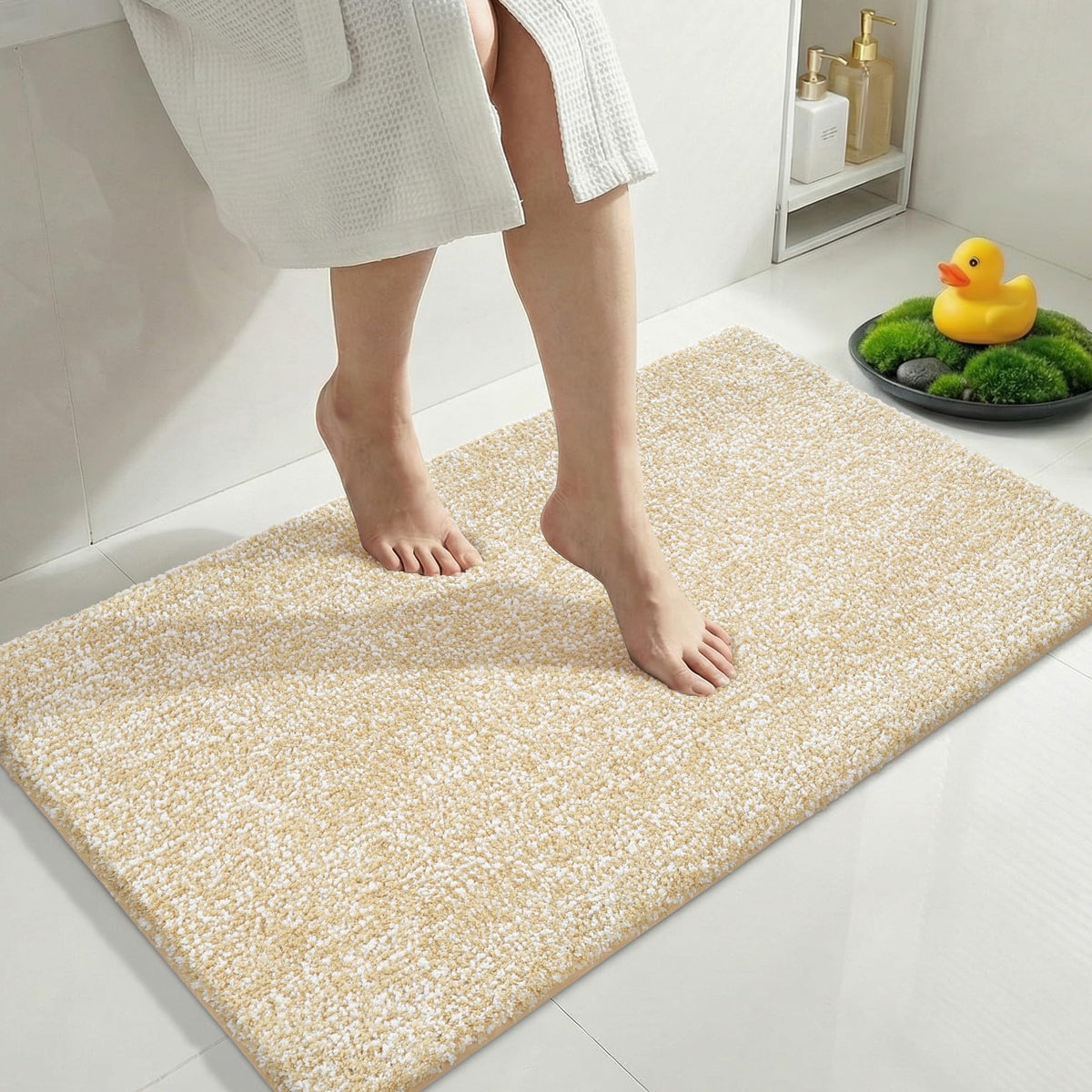 Yimobra Non Slip Machine Washable Bathroom Rug 24x17 Light Beige and White