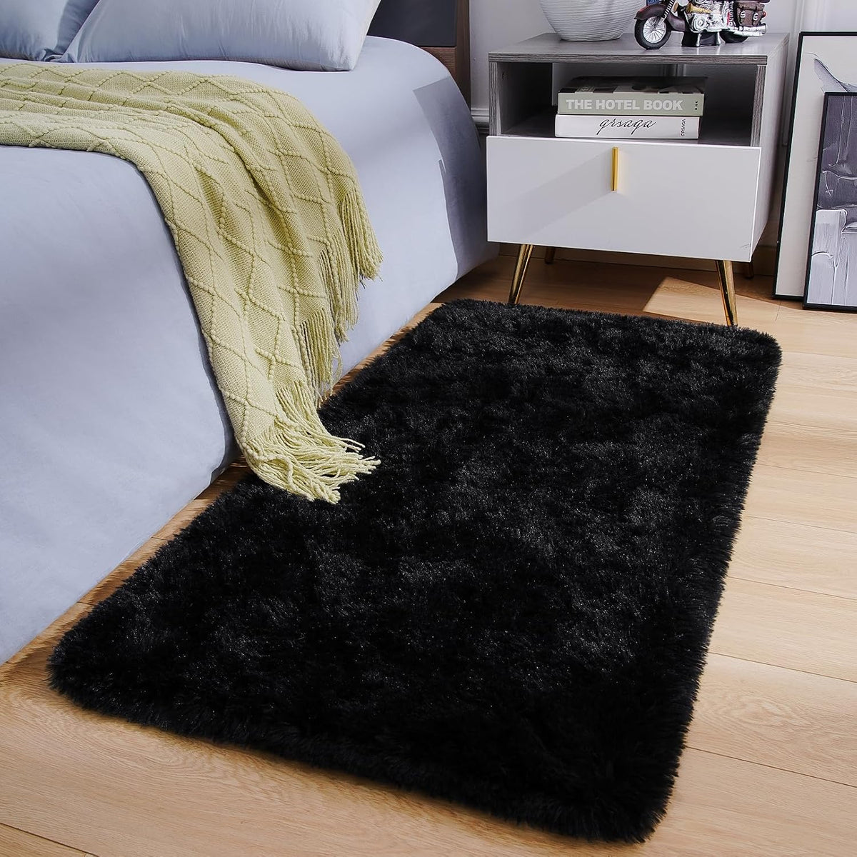 Amearea Shag Fluffy Small Rug, 2x4 Throw Rugs for Bedroom Girls, Black