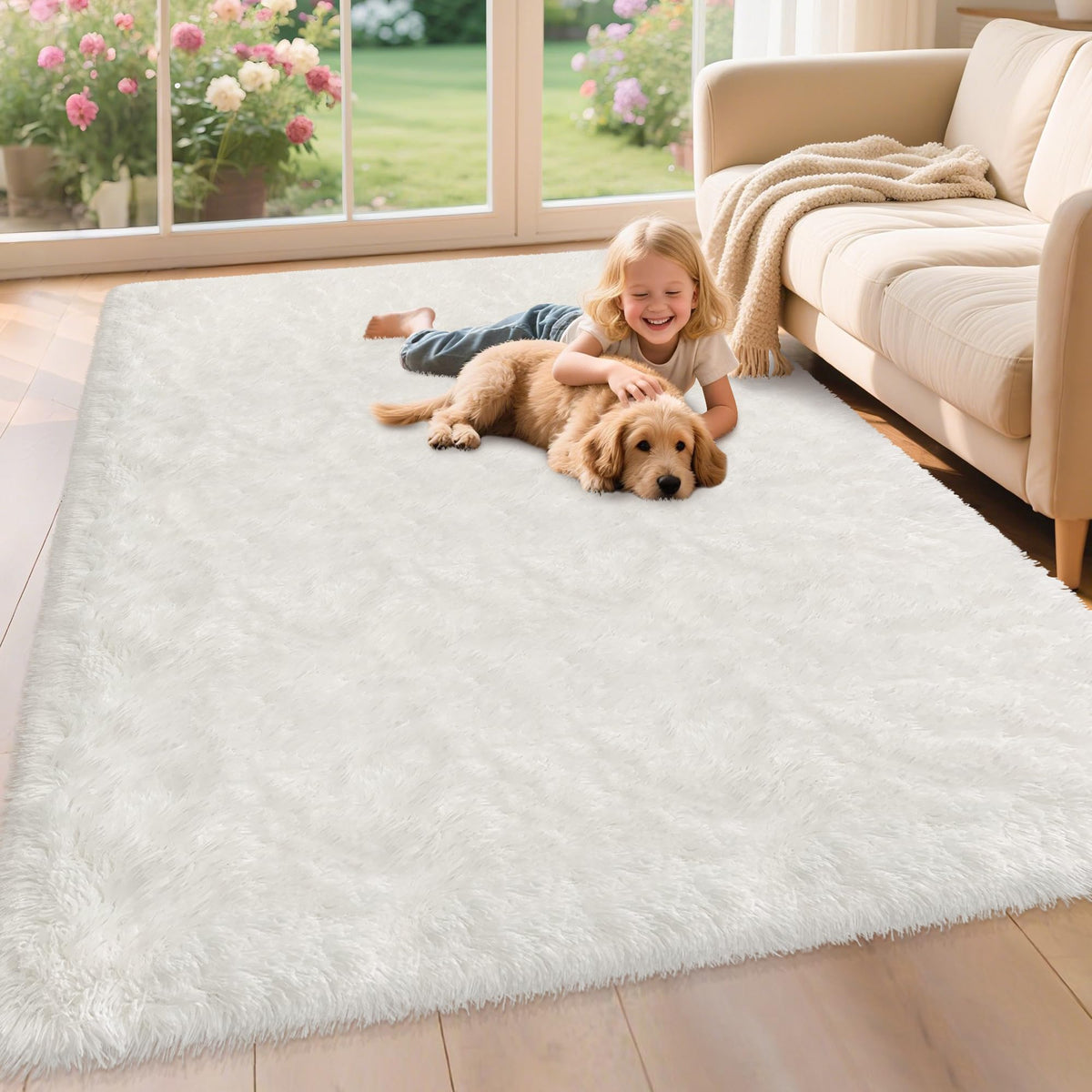 Soft Fluffy Beige Runner Rug for Bedroom, Bedside Long Rug Runner