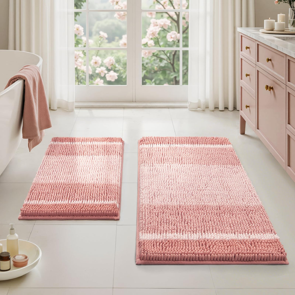 HOMEIDEAS Sage Green Bathroom Rugs Sets 2 Piece Chenille, 20"x32"+17"x24"