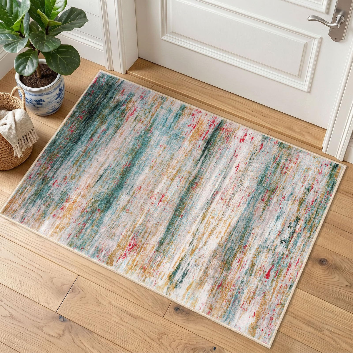 KOZYFLY Abstract Entryway Rug 2x3 Washable Door Mat Indoor Blue Beige