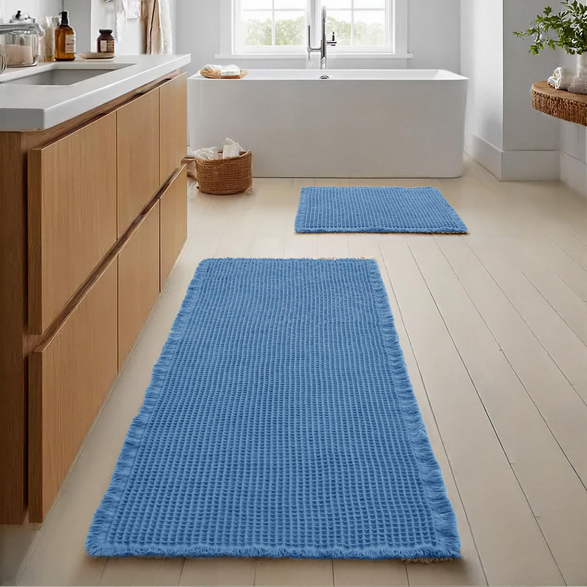 JIUZHEN Set of 2 Waffle Bath Mats Boho Bath Rugs 16"x24"+20"x32", Brown