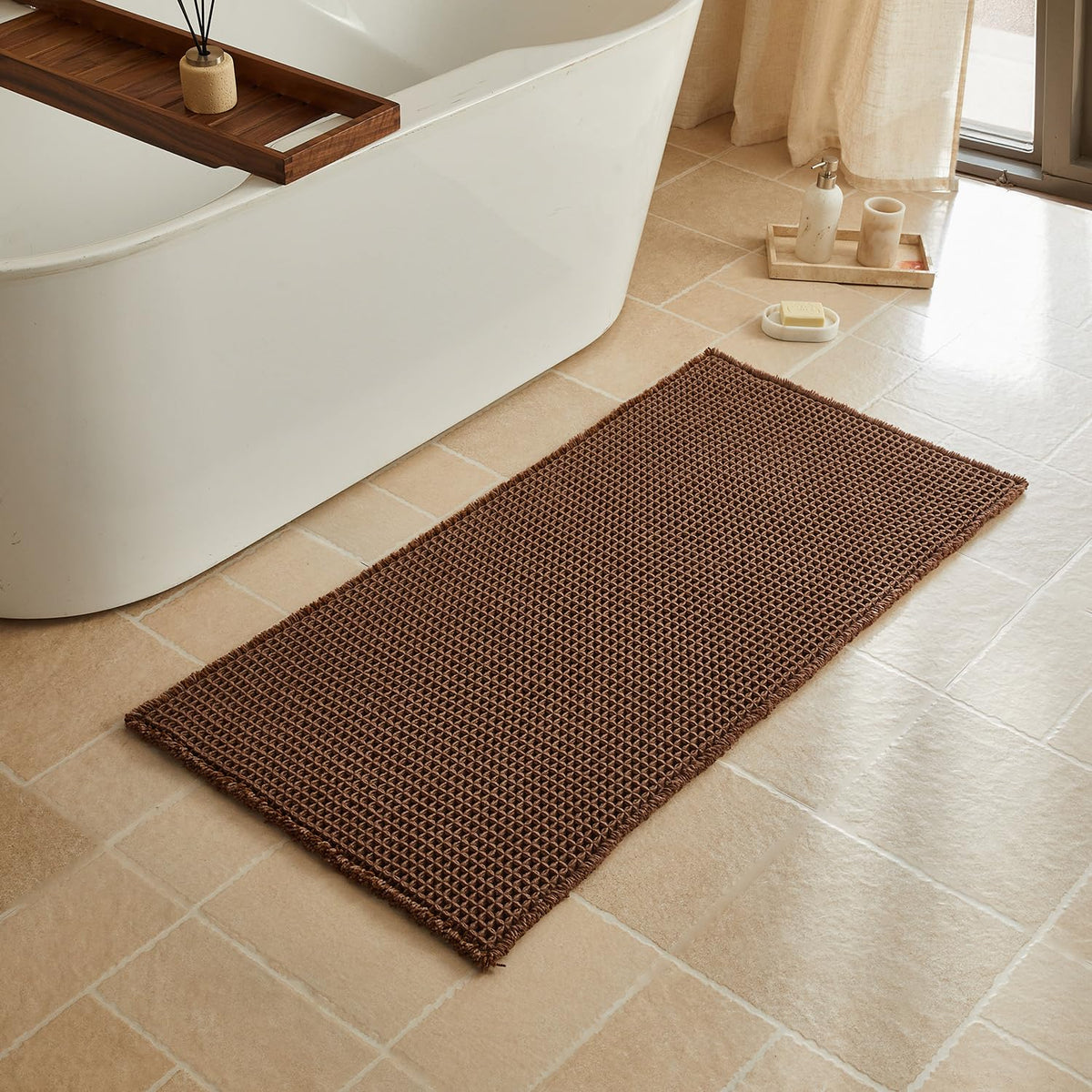 Triohero Waffle Bath Mat, Small Boho Bathroom Rugs Non Slip, 16x24 Khaki