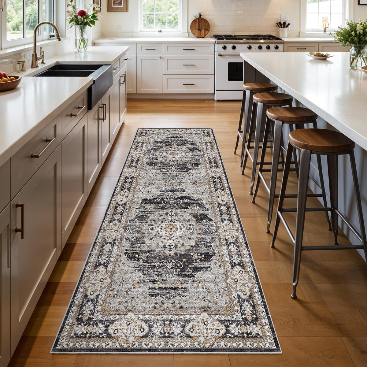 2x3 Washable Entryway Area Rug - Non-Slip Boho Throw Rugs Beige Gray