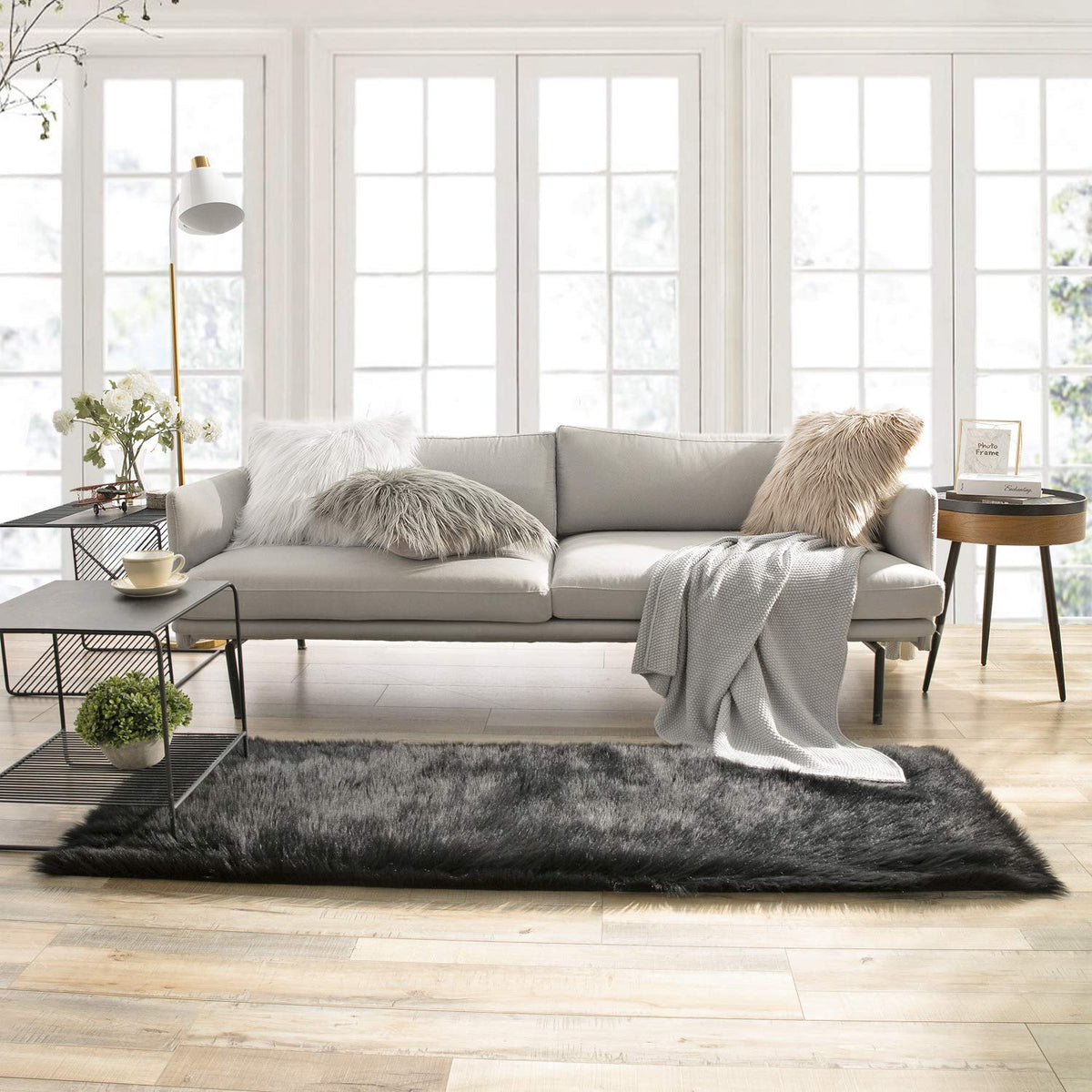 Ashler Faux Fur Rug, White, 2x3 Ft, Machine Washable