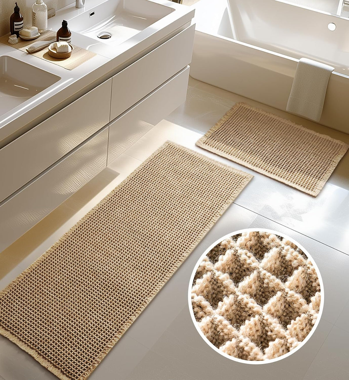 Furicher Large Waffle Bath Mat Set, Non Slip Bath Rug Set, Ultra Absorbent Bath Mats for Bathroom Decor, Extra Soft Floor Kitchen Rugs Sets 2 Piece, Washable Bath Runner Rug, Brown, 20"×47" & 16"×24"
