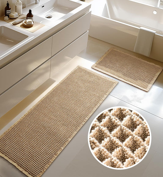 Furicher Large Waffle Bath Mat Set, Non Slip Bath Rug Set, Ultra Absorbent Bath Mats for Bathroom Decor, Extra Soft Floor Kitchen Rugs Sets 2 Piece, Washable Bath Runner Rug, Brown, 20"×47" & 16"×24"