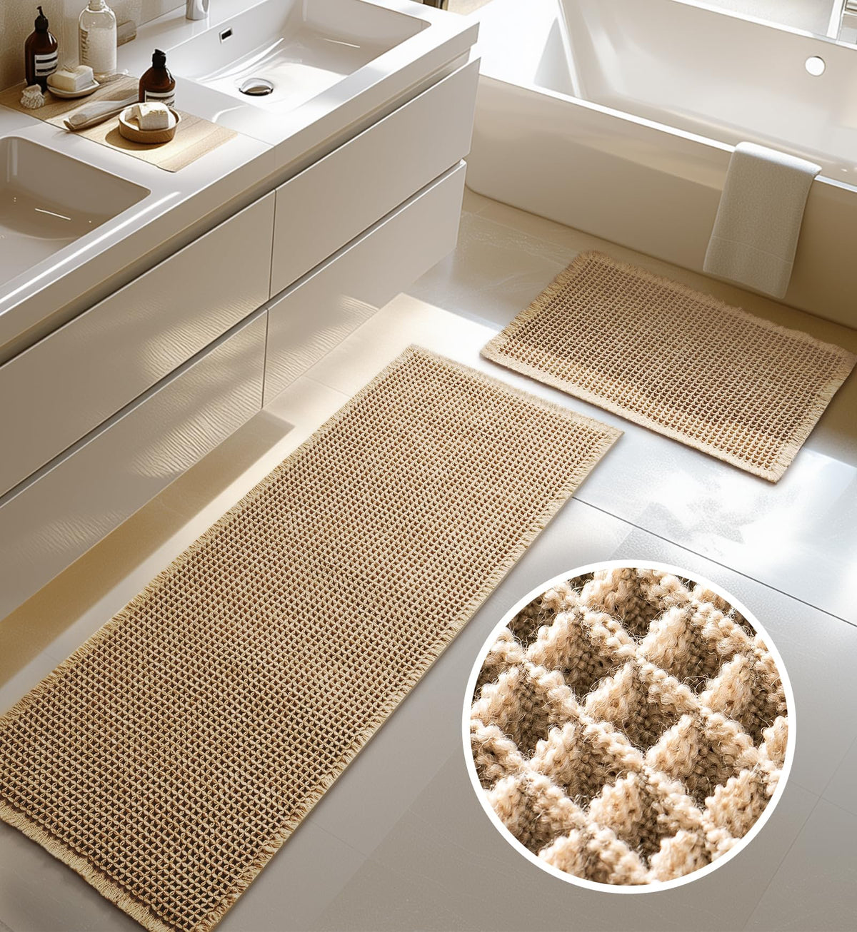 Furicher Large Waffle Bath Mat Set, Non Slip Bath Rug Set, Ultra Absorbent Bath Mats for Bathroom Decor, Extra Soft Floor Kitchen Rugs Sets 2 Piece, Washable Bath Runner Rug, Brown, 20"×47" & 16"×24"