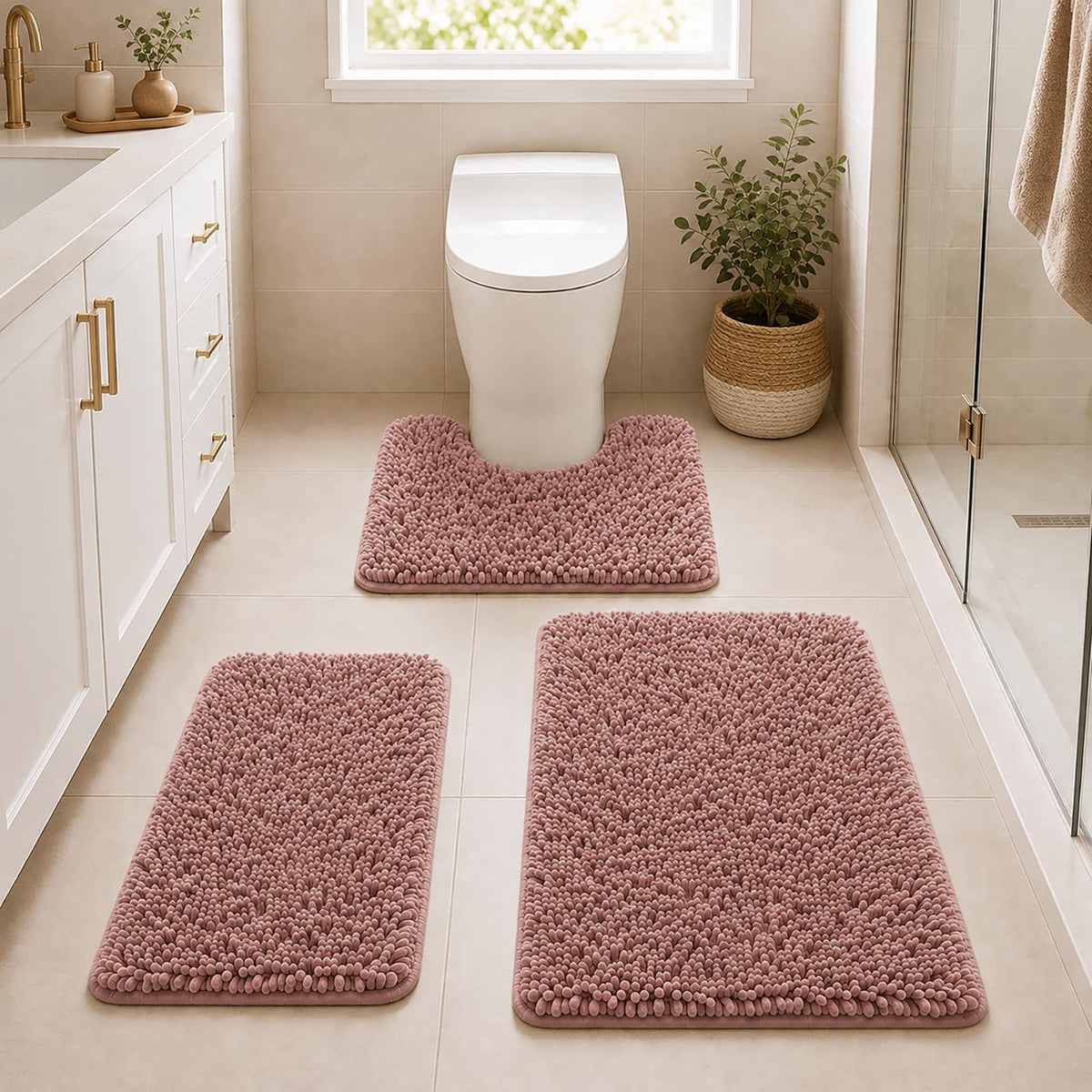 Bathroom Rugs Set Non Slip 3 Piece Bath Mat Washable Chenille Bath Rugs with PVC Backing Bath Carpet,Absorbent Bathroom Mats with Toilet Rug,Bath Mats for Bathroom,Bedroom, Kitchen,Tub,Home Decor