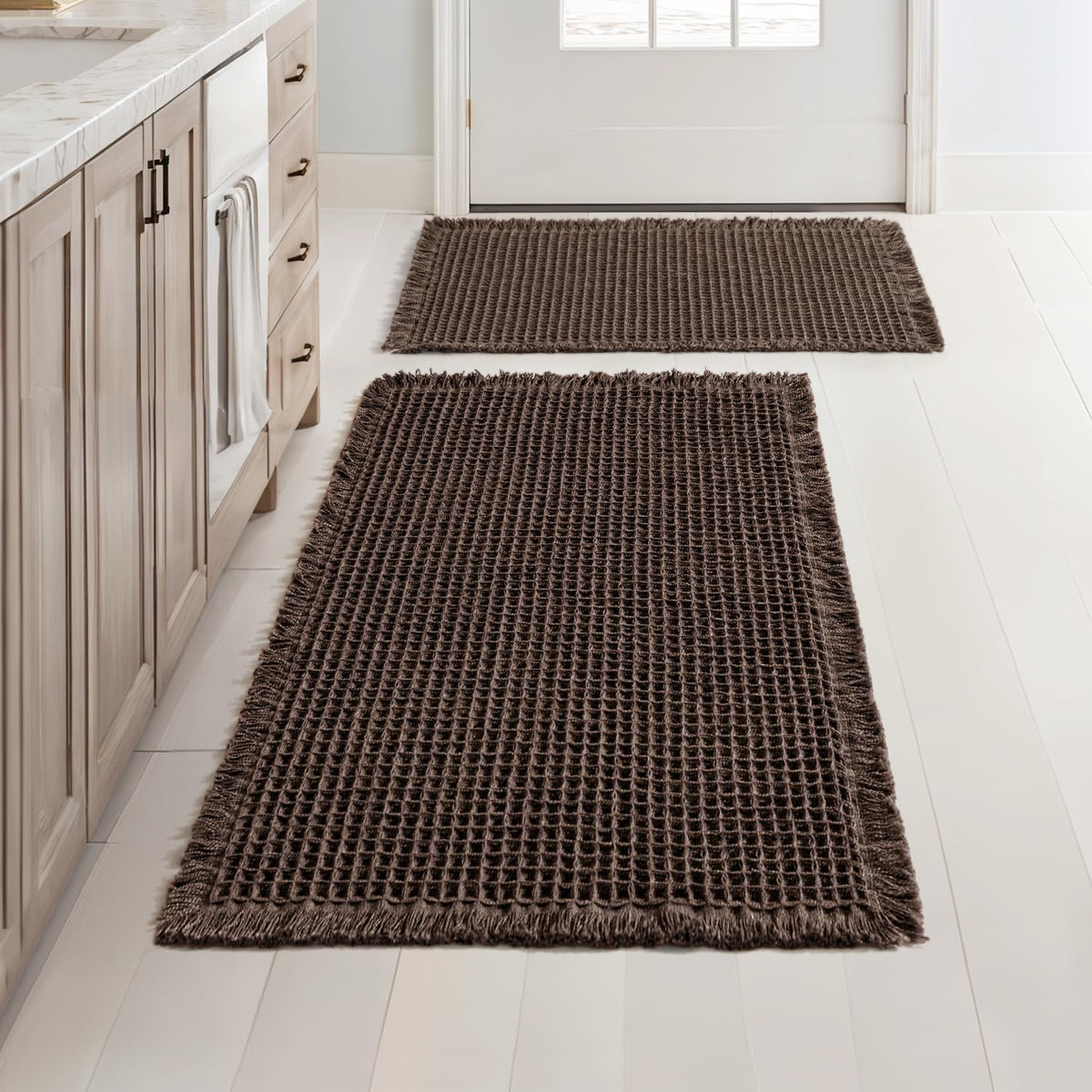 MIULEE Set of 2 Waffle Bathroom Rugs Boho Bath Mat Brown 18x30 Inch