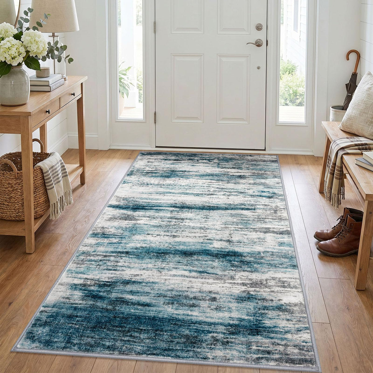 KOZYFLY Abstract Entryway Rug 2x3 Washable Door Mat Indoor Blue Beige