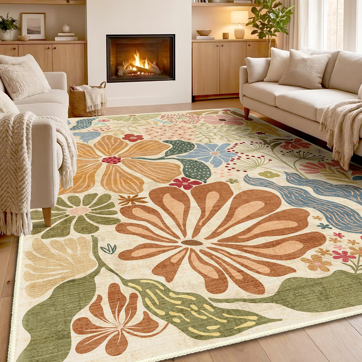 MUJOO Pink Washable 2x6 Runner Rugs Floral Area Rugs Non Slip Low-Pile