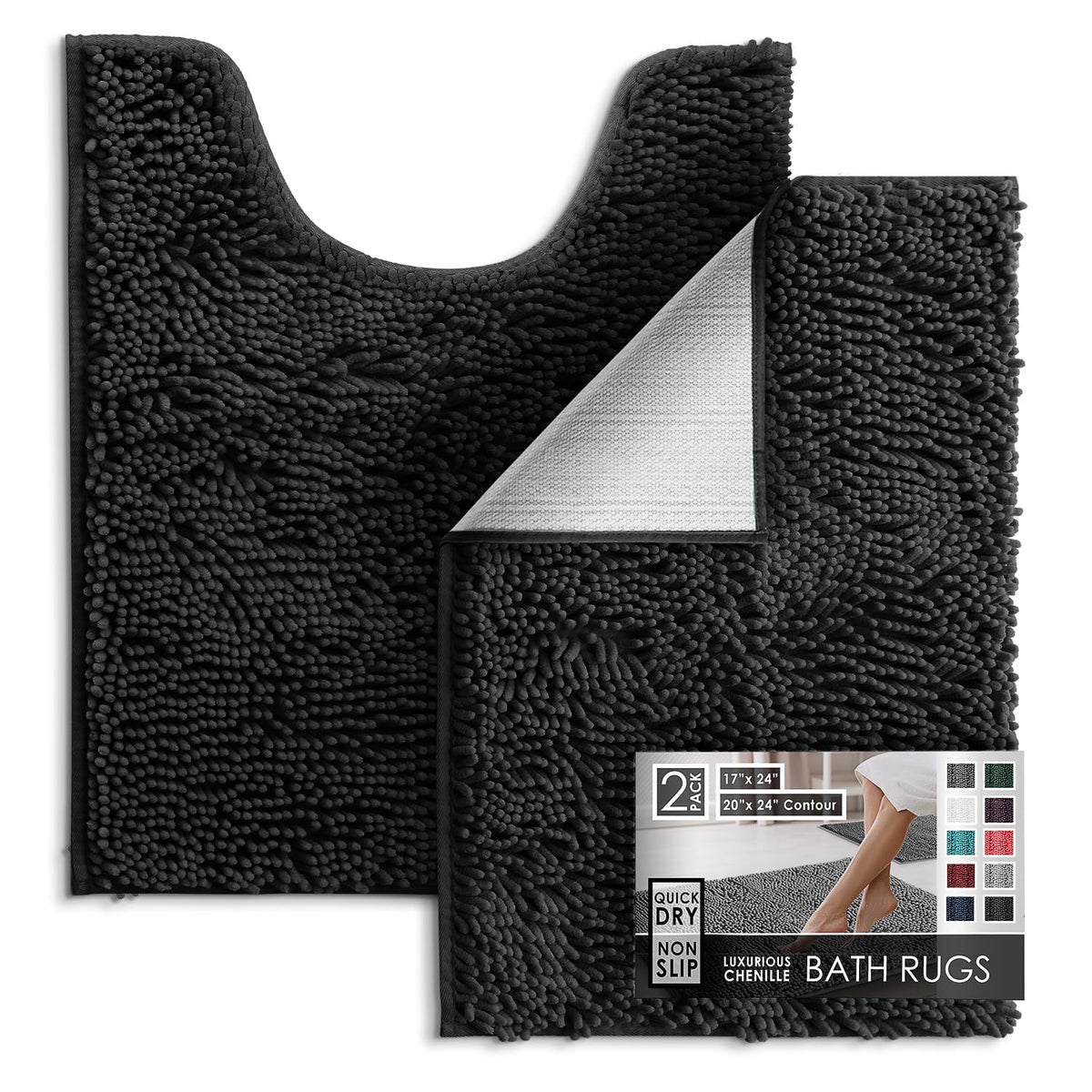 Hearth & Harbor Bathroom Rugs, Chenille Bath Mat - Machine Washable Bath Mats for Bathroom Non-Slip Backing Rubber, Quick Dry Bathroom Mat, 17 x 24 + 20 x 32 - Hunter Green