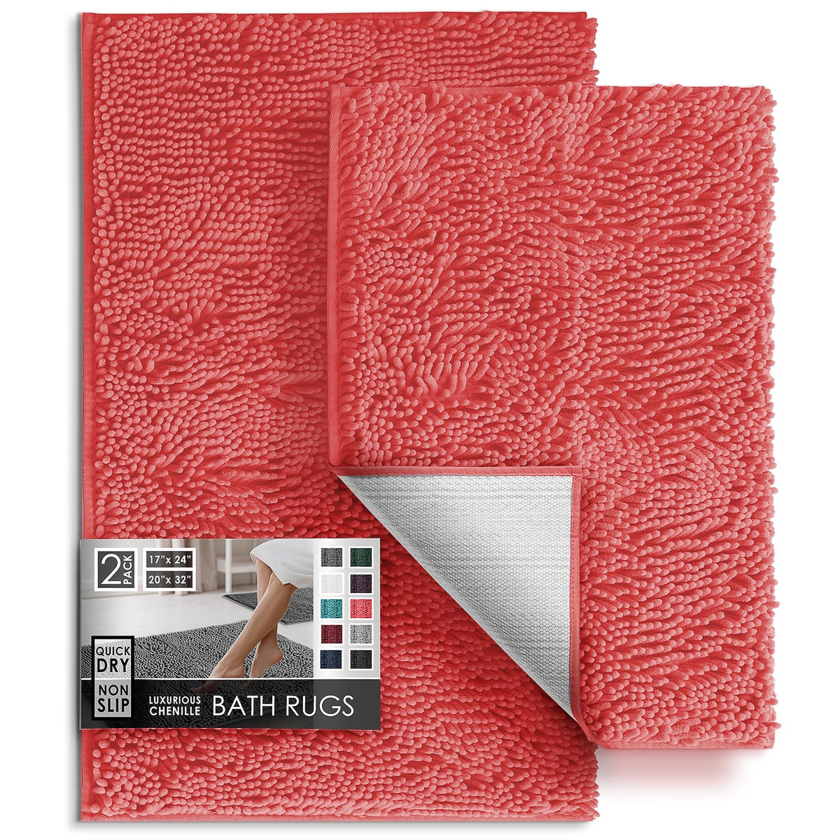 Hearth & Harbor Bathroom Rugs, Chenille Bath Mat - Machine Washable Bath Mats for Bathroom Non-Slip Backing Rubber, Quick Dry Bathroom Mat, 17 x 24 + 20 x 32 - Hunter Green
