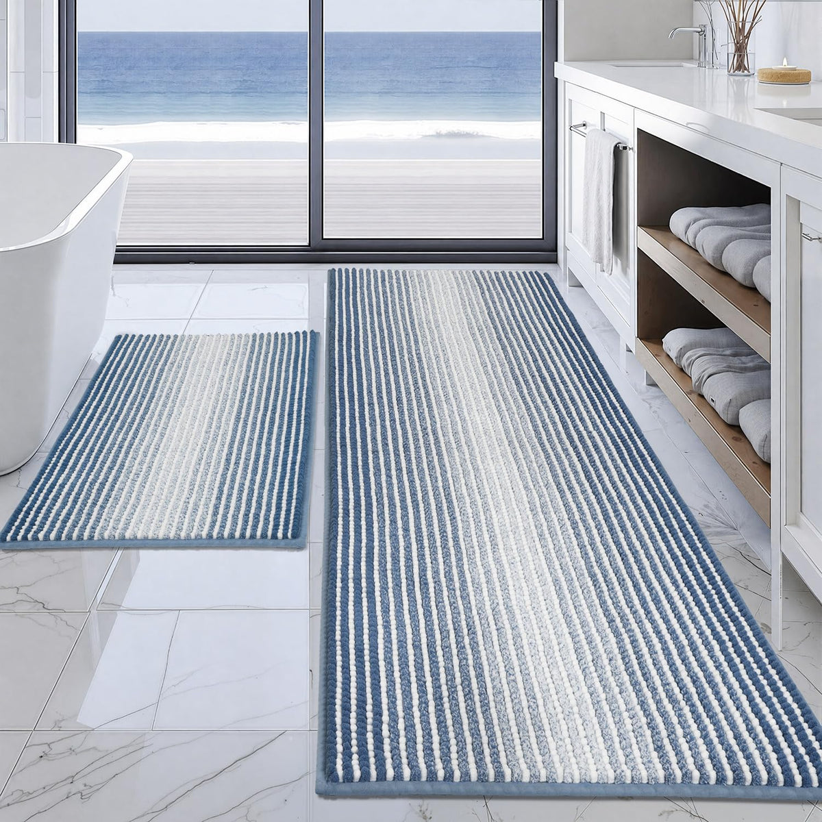 BSICPRO Bathroom Rugs Sets 2 Piece, Non Slip Striped Bath Mats, Sage