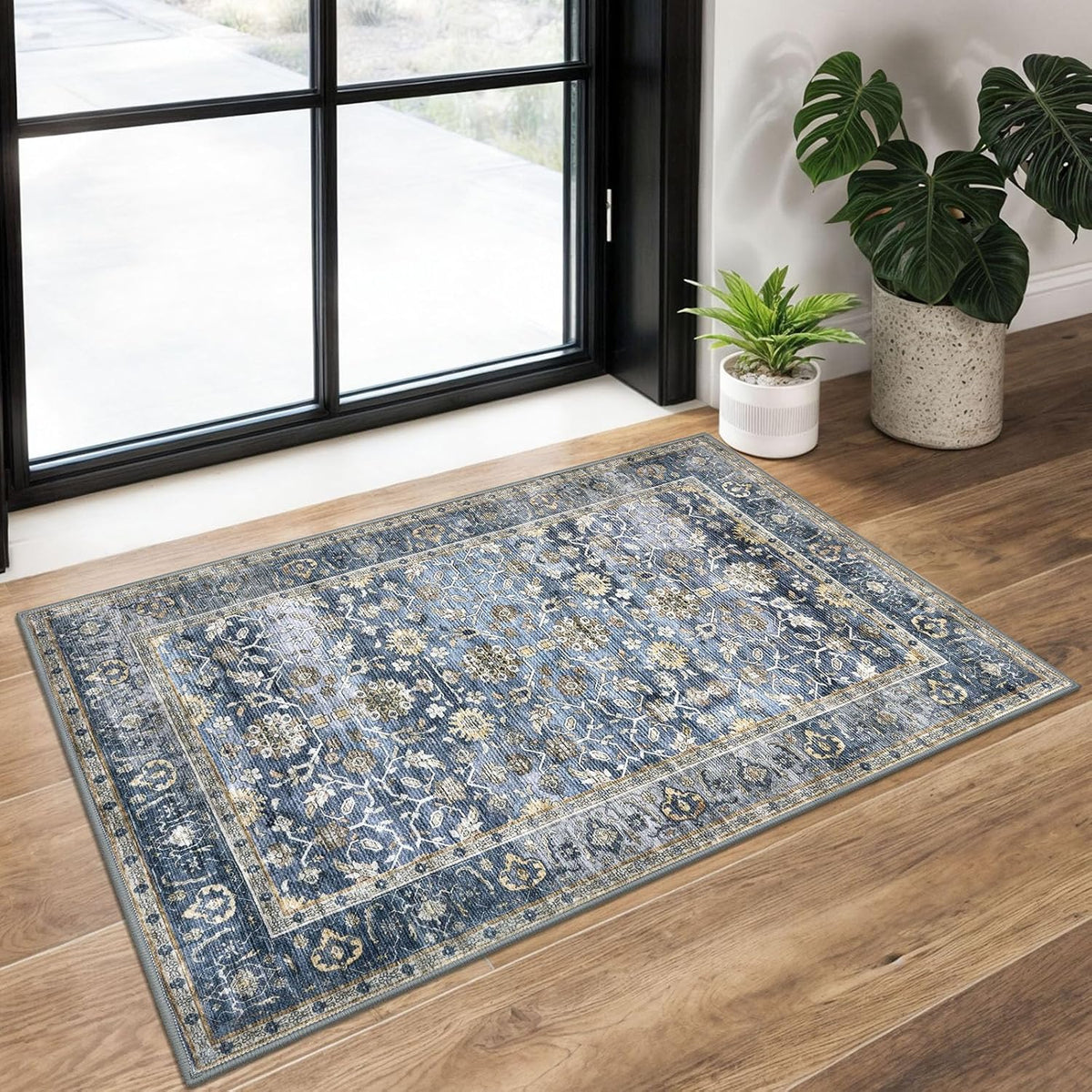 KUTA Vintage Floral Washable 2x3 Rugs for Entryway Blue Grey Beige
