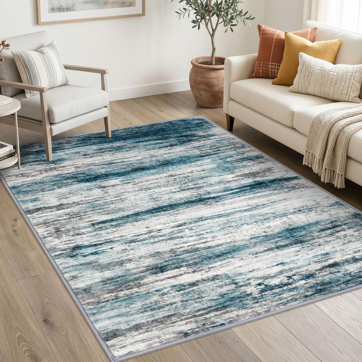 KOZYFLY Abstract Rugs for Entryway 2x3 Washable Small Area Rug Grey-Blue