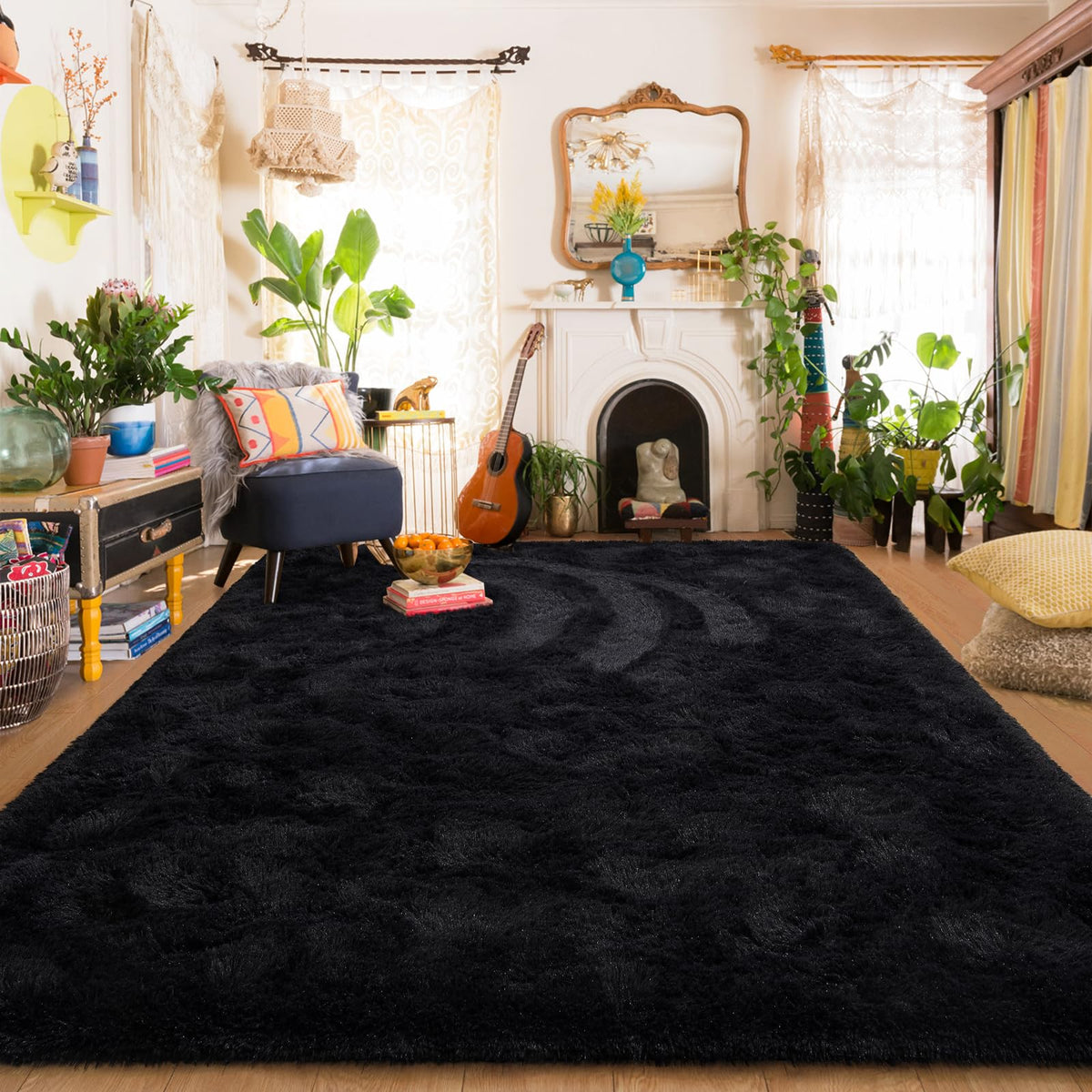 Amearea Shag Fluffy Small Rug, 2x4 Throw Rugs for Bedroom Girls, Black