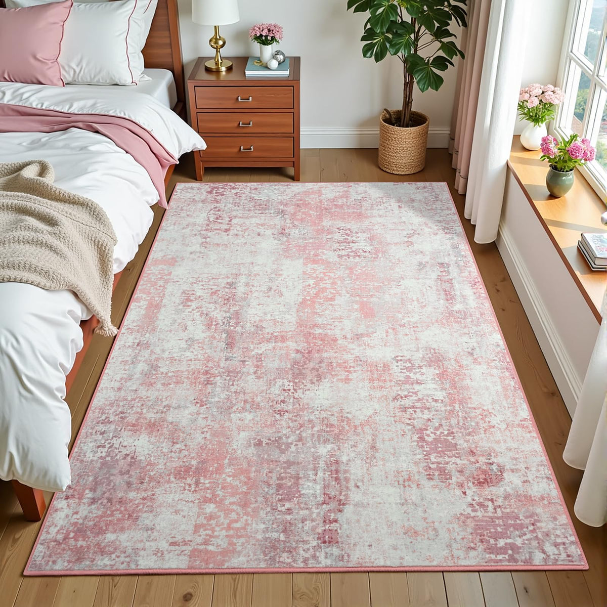 Pink Washable Runner Rug for Bedroom, Abstract Non-Slip Soft Entryway Rugs, Modern Low Pile Stain Resistant 2x6 Carpet for Entryway, Kitchen, Hallway, Bedside
