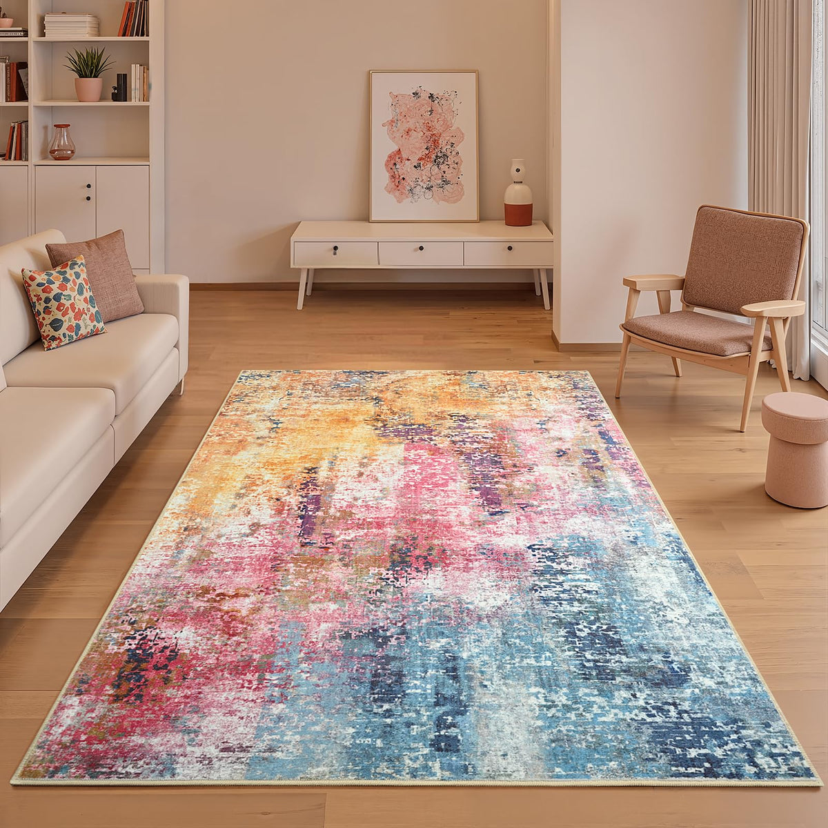 Pink Washable Runner Rug for Bedroom, Abstract Non-Slip Soft Entryway Rugs, Modern Low Pile Stain Resistant 2x6 Carpet for Entryway, Kitchen, Hallway, Bedside
