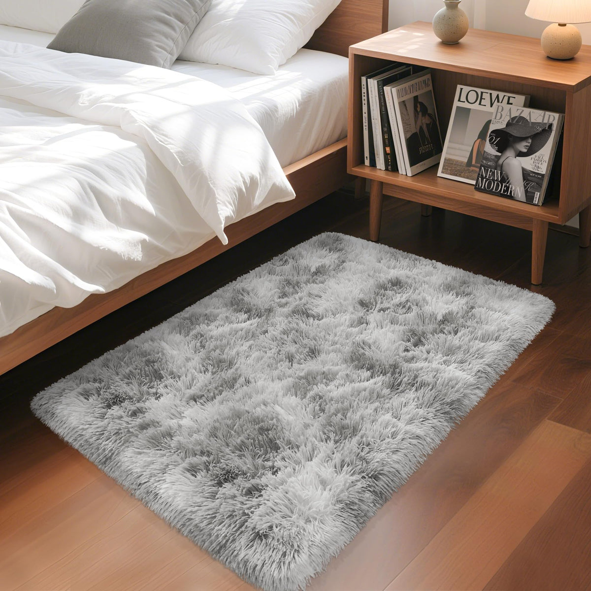 Soft Fluffy Beige Runner Rug for Bedroom, Bedside Long Rug Runner