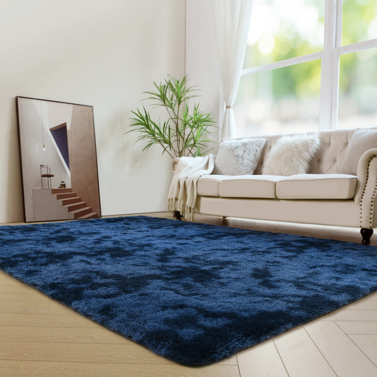 duduta Navy Blue Fluffy Plush Runner Rugs 2x6 ft Tie Dye Rectangle Shag Rug