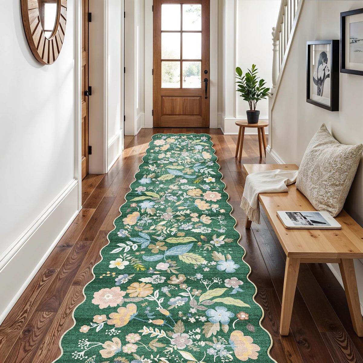 2x4 Rug Washable for Entryway - Non-Slip Scalloped Floral Throw Rug Black