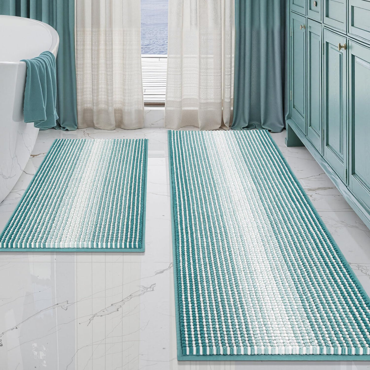 BSICPRO Bathroom Rugs Sets 2 Piece, Non Slip Striped Bath Mats, Sage