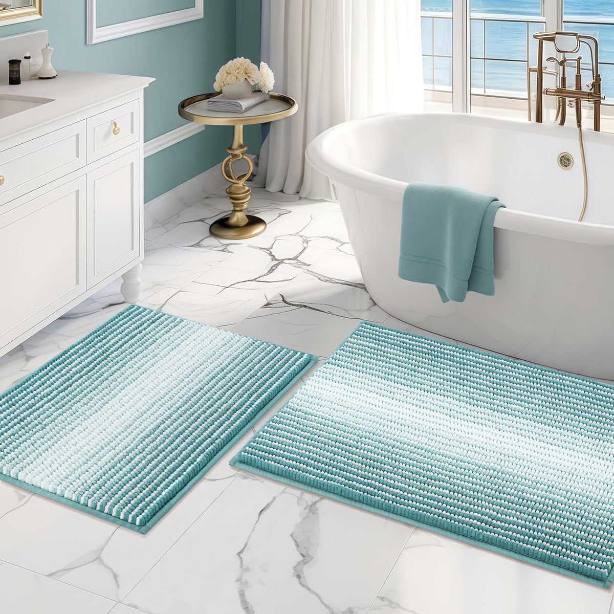 BSICPRO Bathroom Rugs Sets 2 Piece, Non Slip Striped Bath Mats, Sage