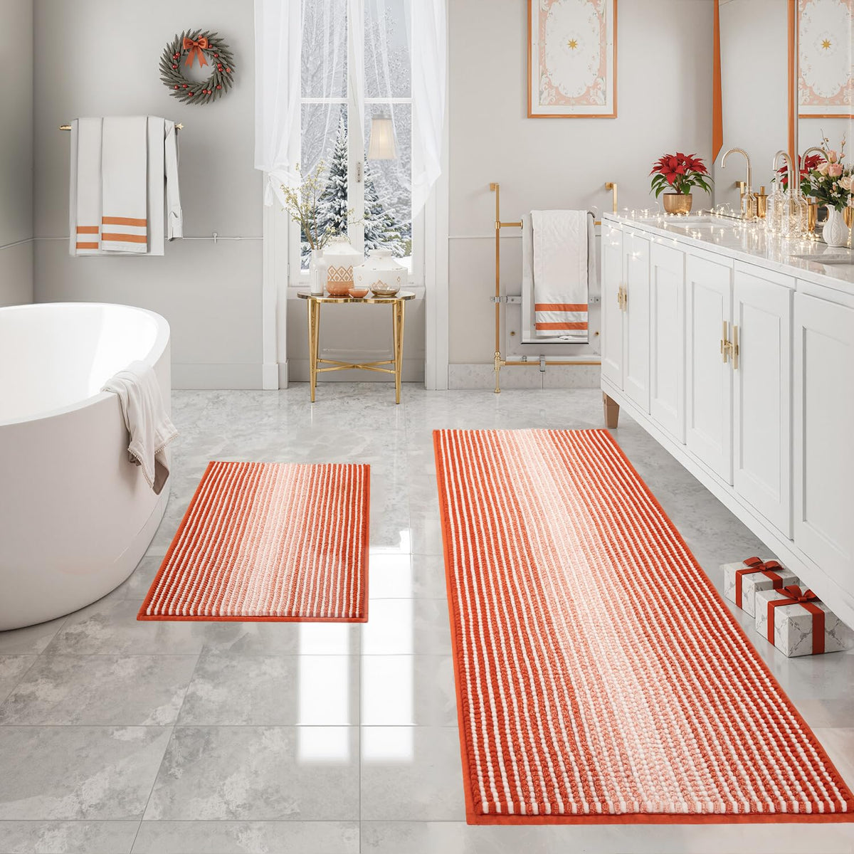 BSICPRO Bathroom Rugs Sets 2 Piece, Non Slip Striped Bath Mats, Sage