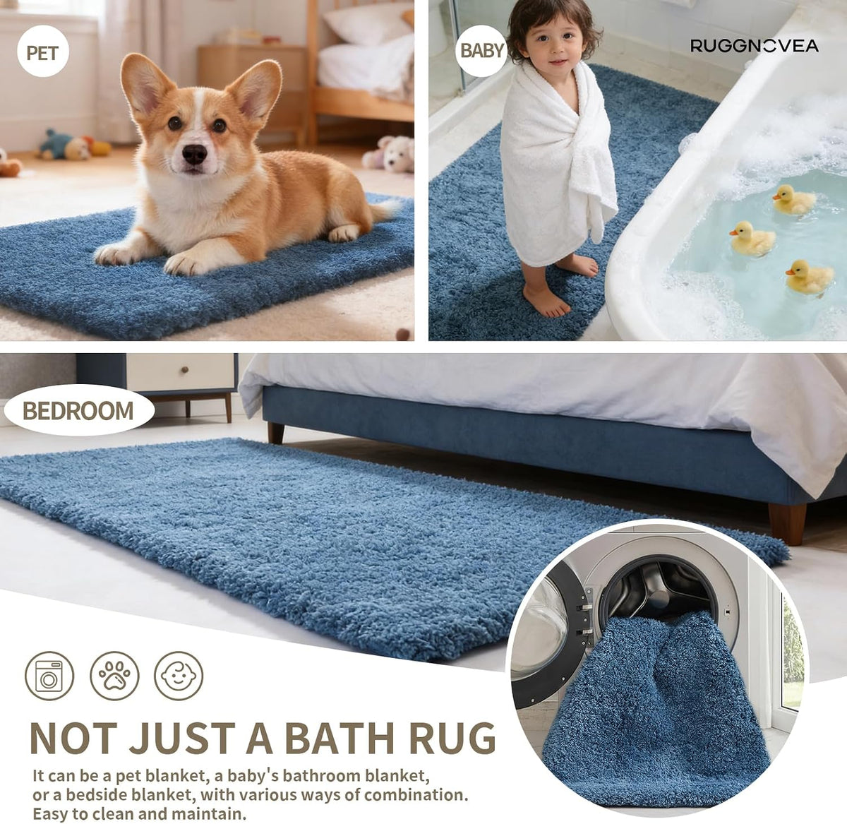 Microfiber Bathroom Rugs 24x17 Absorbent Soft Non Slip, Blue