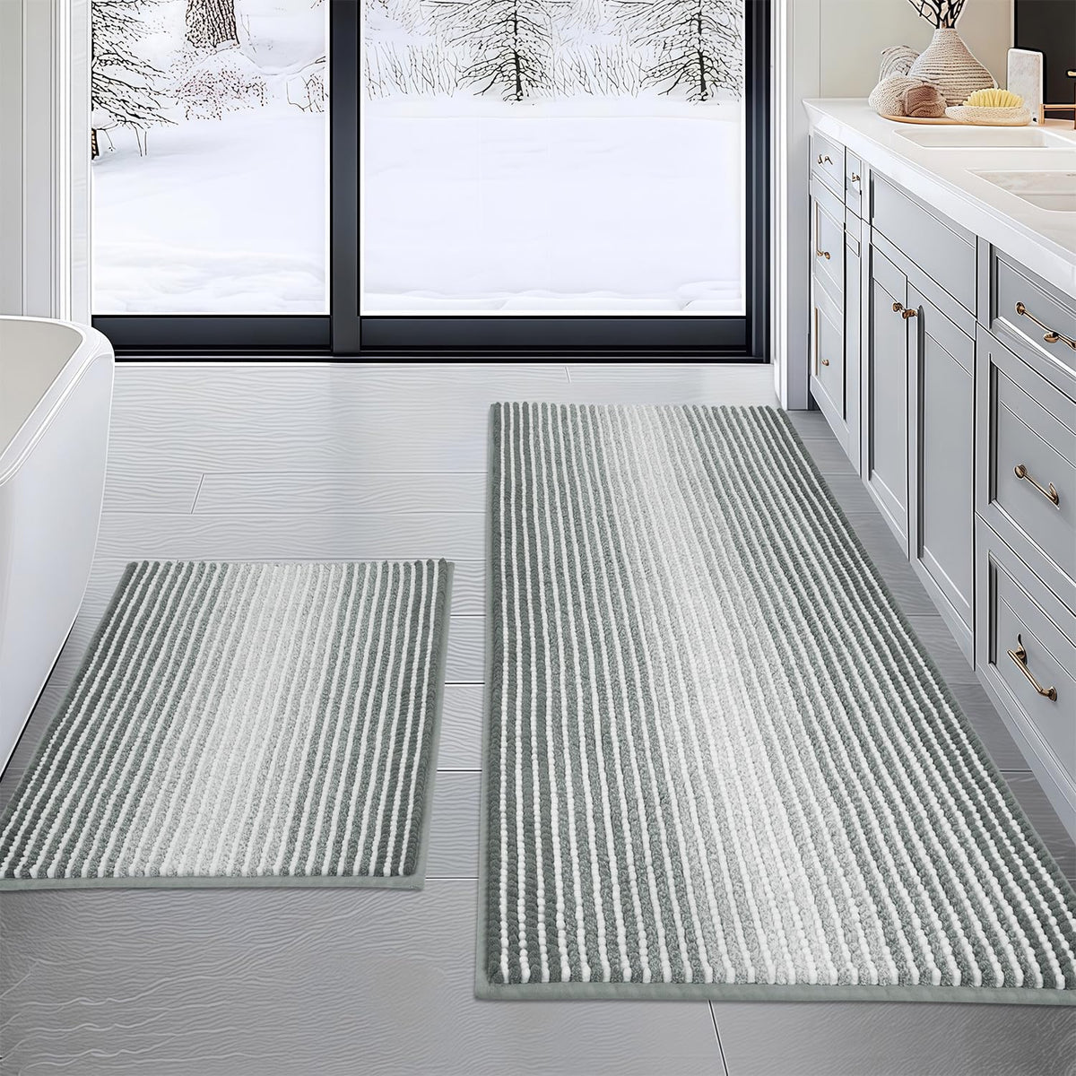 BSICPRO Bathroom Rugs Sets 2 Piece, Non Slip Striped Bath Mats, Sage