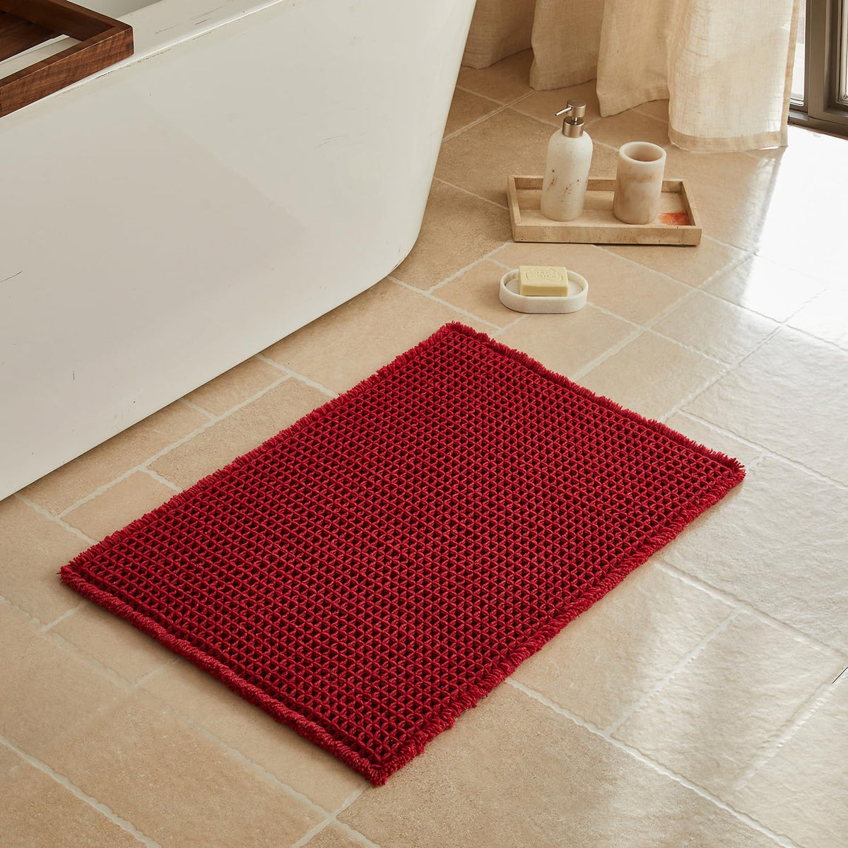 Triohero Waffle Bath Mat, Small Boho Bathroom Rugs Non Slip, 16x24 Khaki