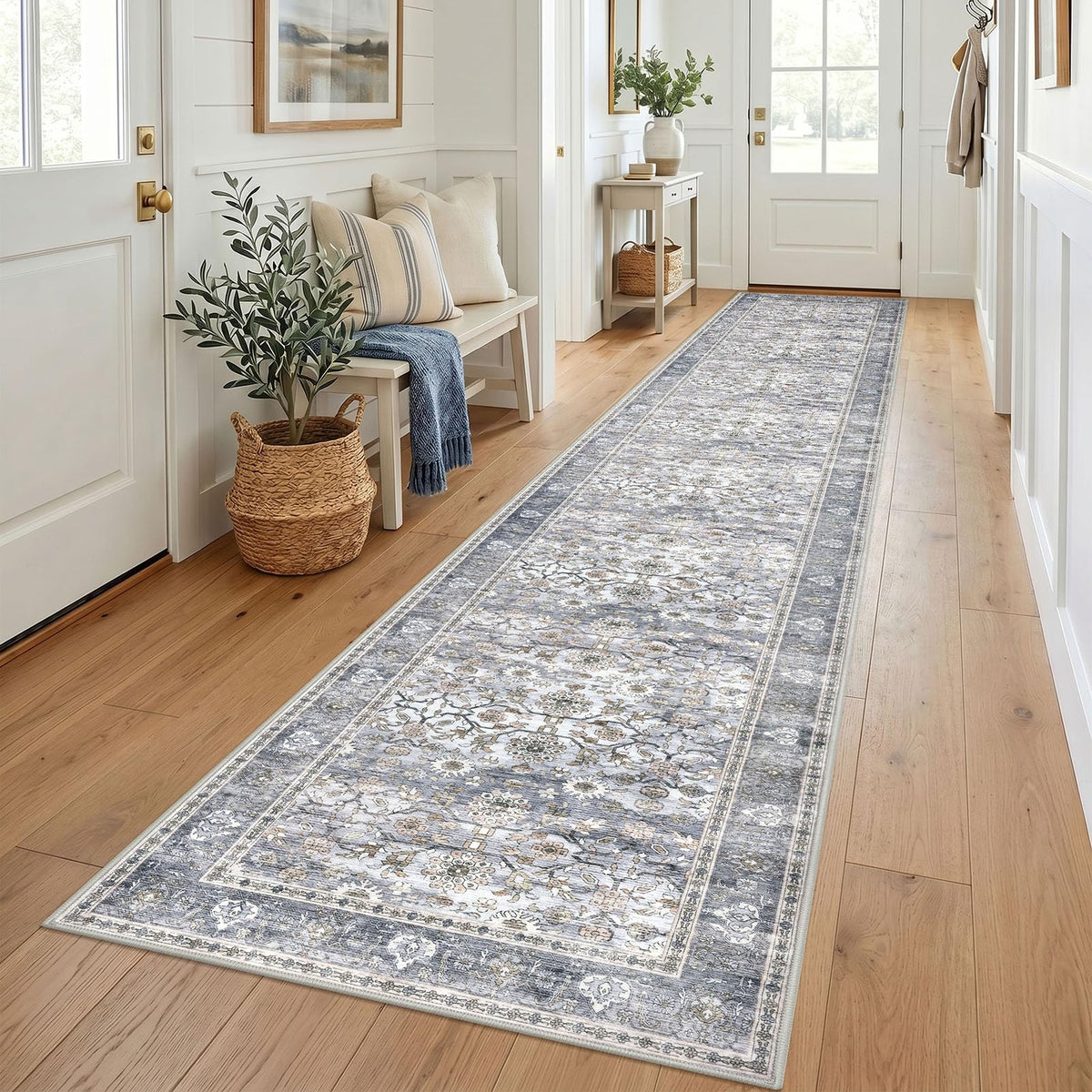KUTA Vintage Floral Washable 2x3 Rugs for Entryway Blue Grey Beige