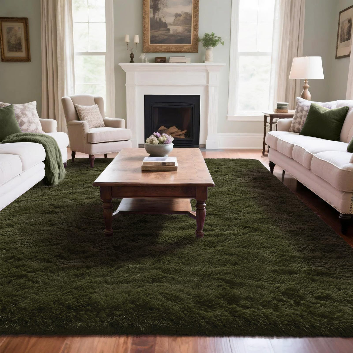 Runner Rug for Bedroom, 2x6 Soft Shag Fluffy Area Rugs for Girls Boy's Room, Plush Shaggy Carpet with Non-Slip Bottom for Living Room Dorm, Olive Green