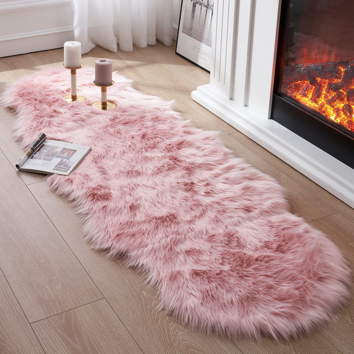 Tangsoo 2x6 Beige Faux Fur Rug,Soft Sheepskin Fluffy Runner Rug for Bedroom